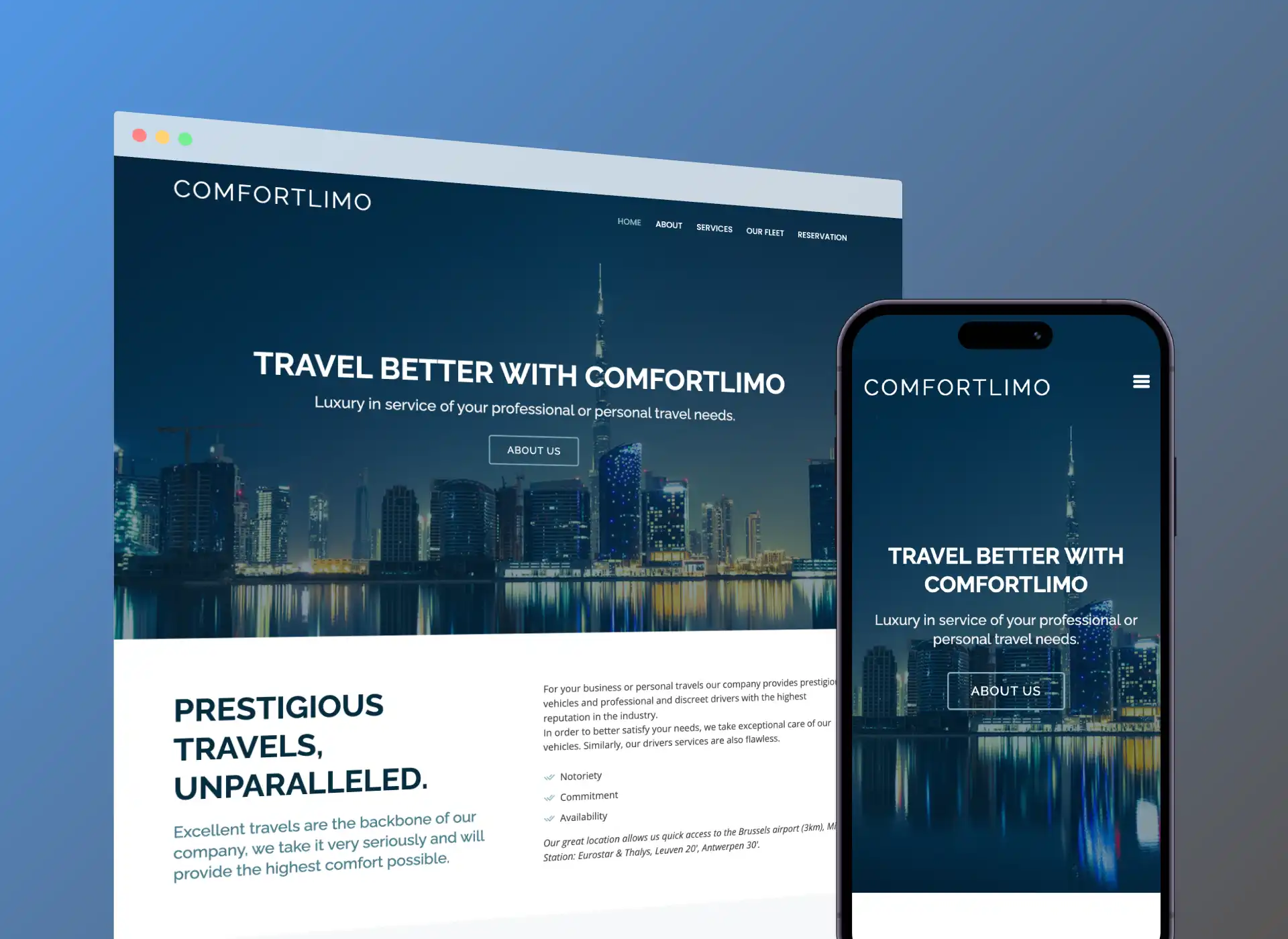 Capture d'écran des versions desktop et mobile de Comfortlimo.be ; un site web pour un chauffeur de luxe et une société de voyage à Zaventem.