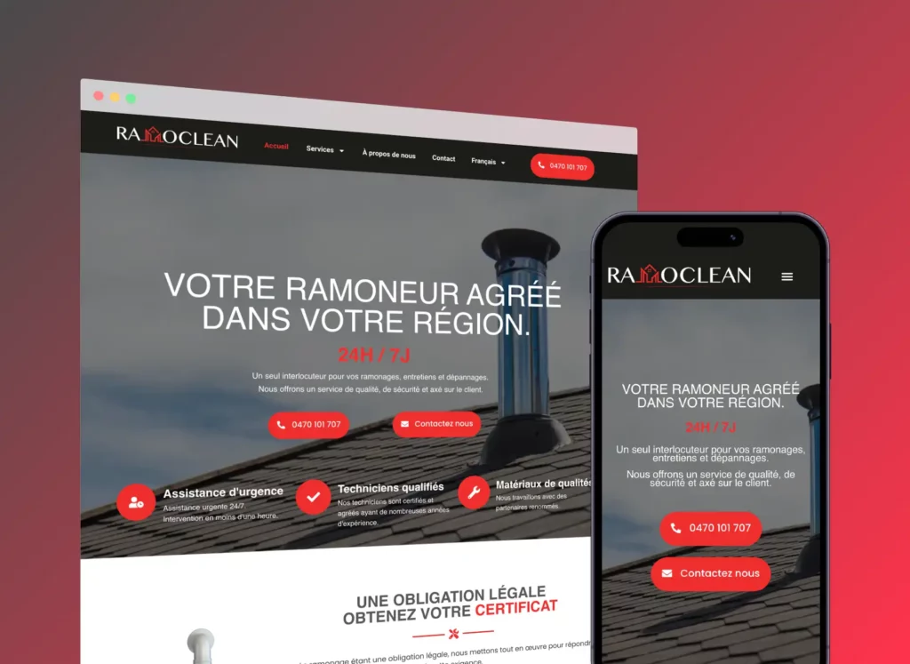 Capture d'écran des versions desktop et mobile de RamoClean.be ; un site web en néerlandais et en français pour une entreprise de ramonage à Overijse.