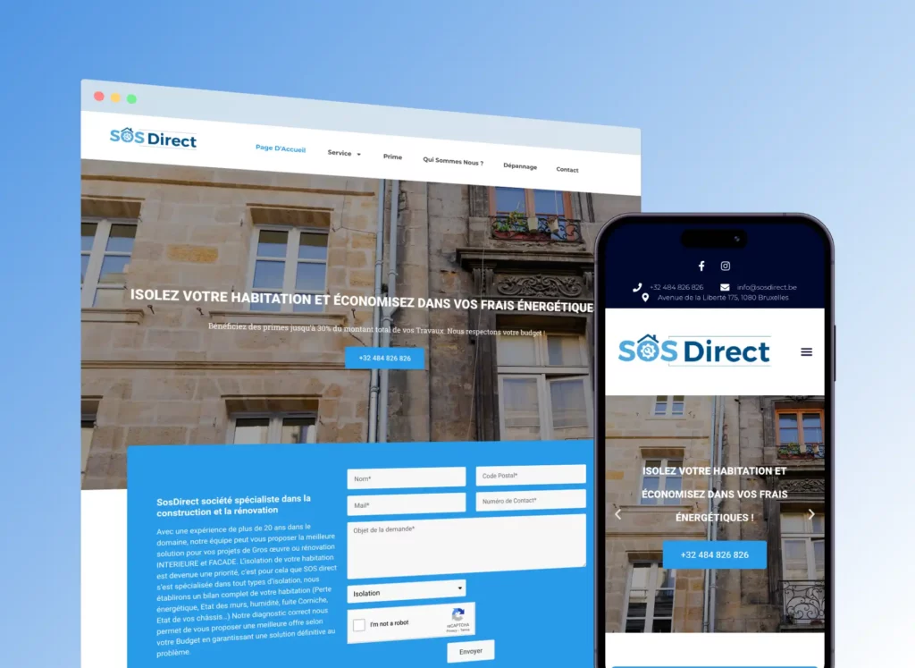 Screenshot van de desktop en mobiele versie van Sosdirect.be; Een website voor een dakbedekking bedrijf in Brussel.