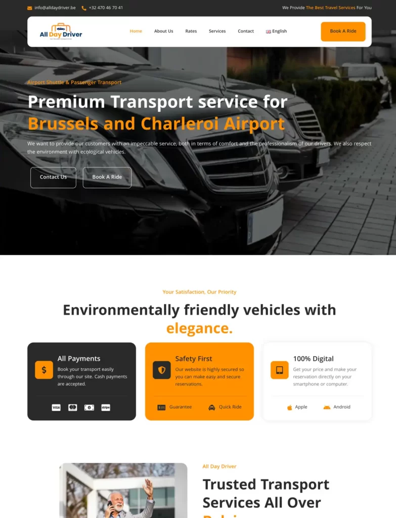 Capture d'écran d'un site web de taxi réalisé par Weblabs.be