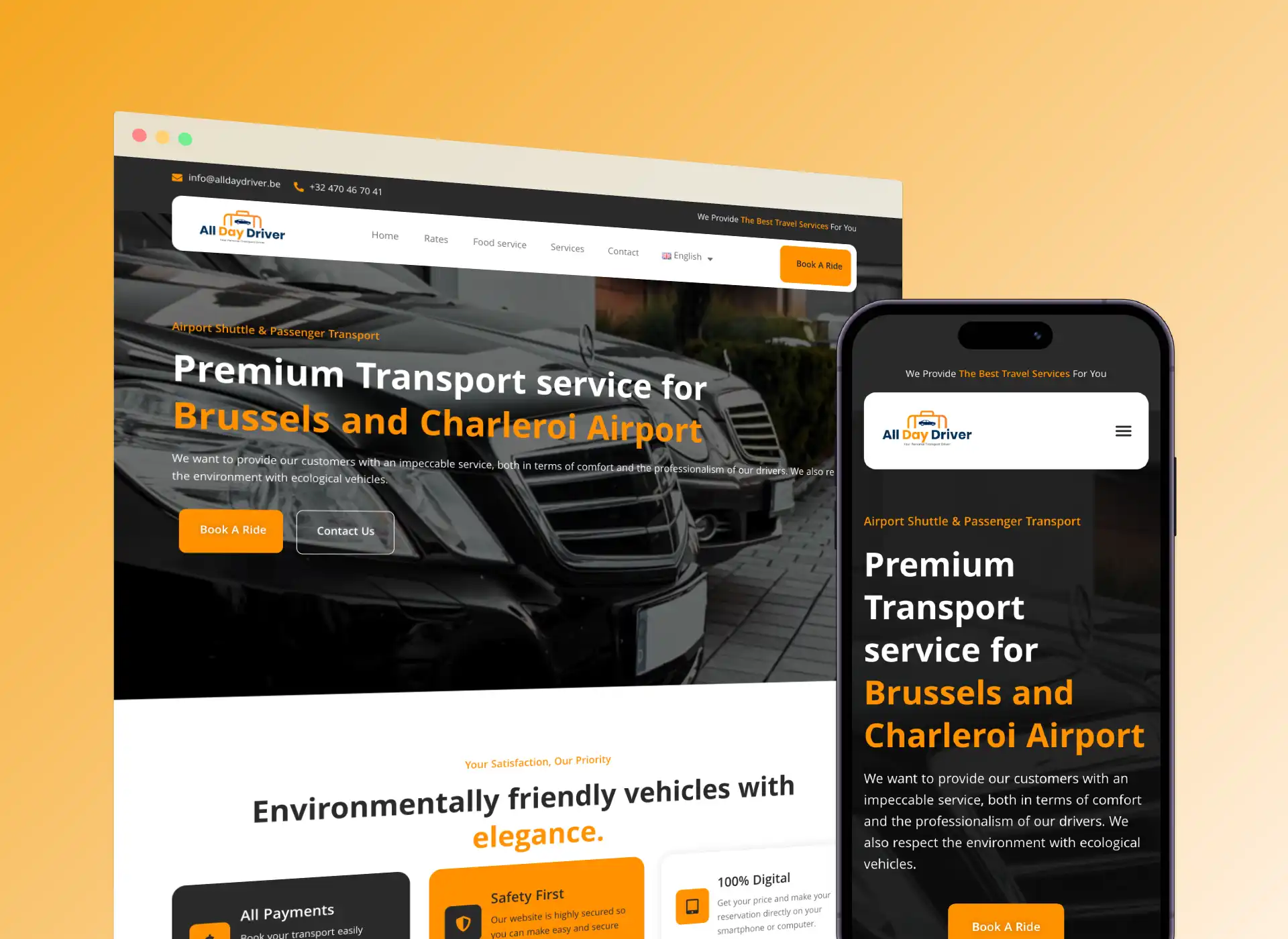 Capture d'écran de la version Desktop et Mobile de AllDayDriver.be - une compagnie de taxis et de limousines.