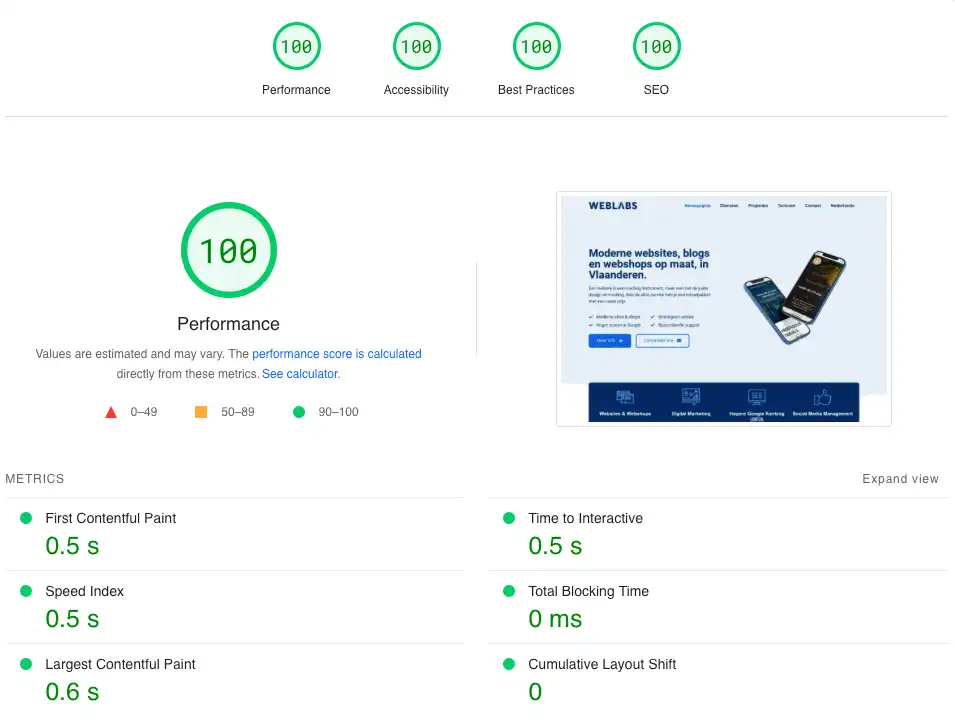 A perfect 100/100 score achieved by Weblabs.be on PageSpeed Insights (Google)