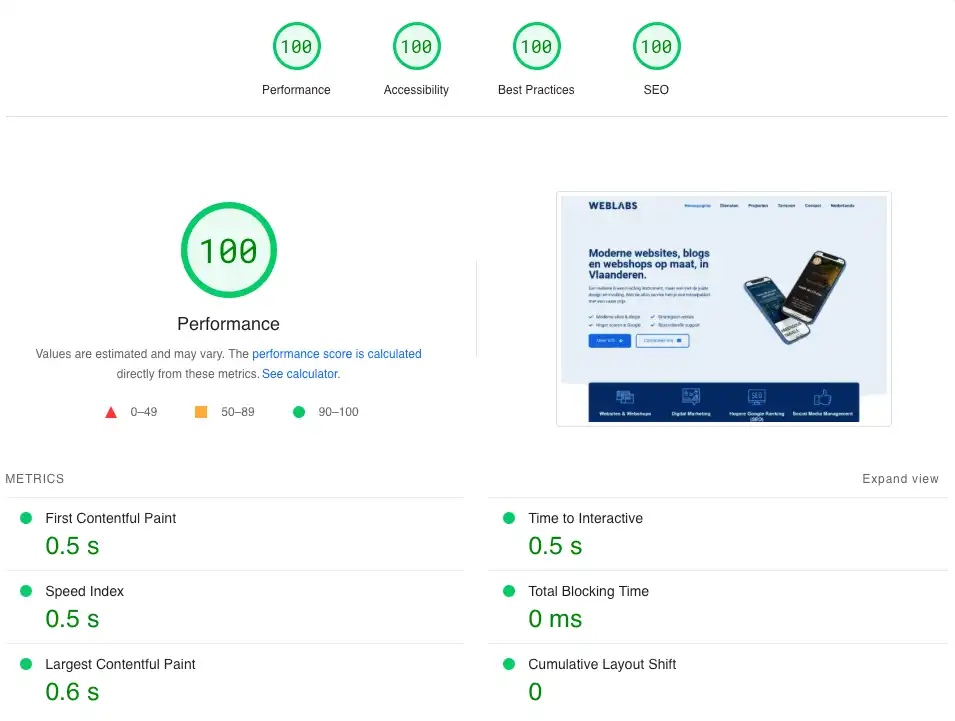 Een perfecte score van 100/100 behaald door Weblabs.be op PageSpeed Insights (Google)