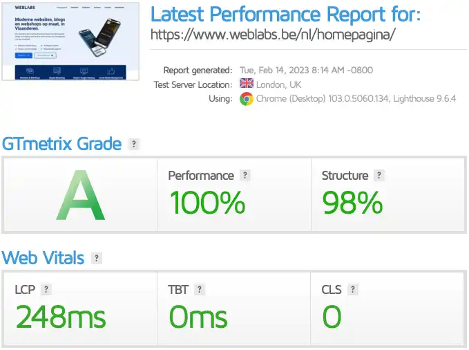 Screenshot van de GTMetrix score (A, 100%) van Weblabs.be