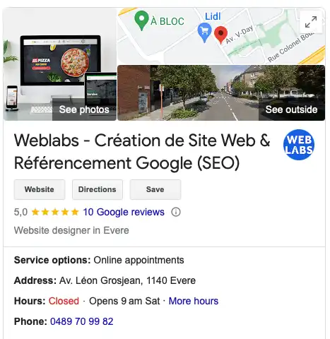 Capture d'écran du profil Google Business Profile de l'entreprise Weblabs, montrant l'importance d'une présence en ligne optimisée pour attirer plus de clients et améliorer la visibilité locale.