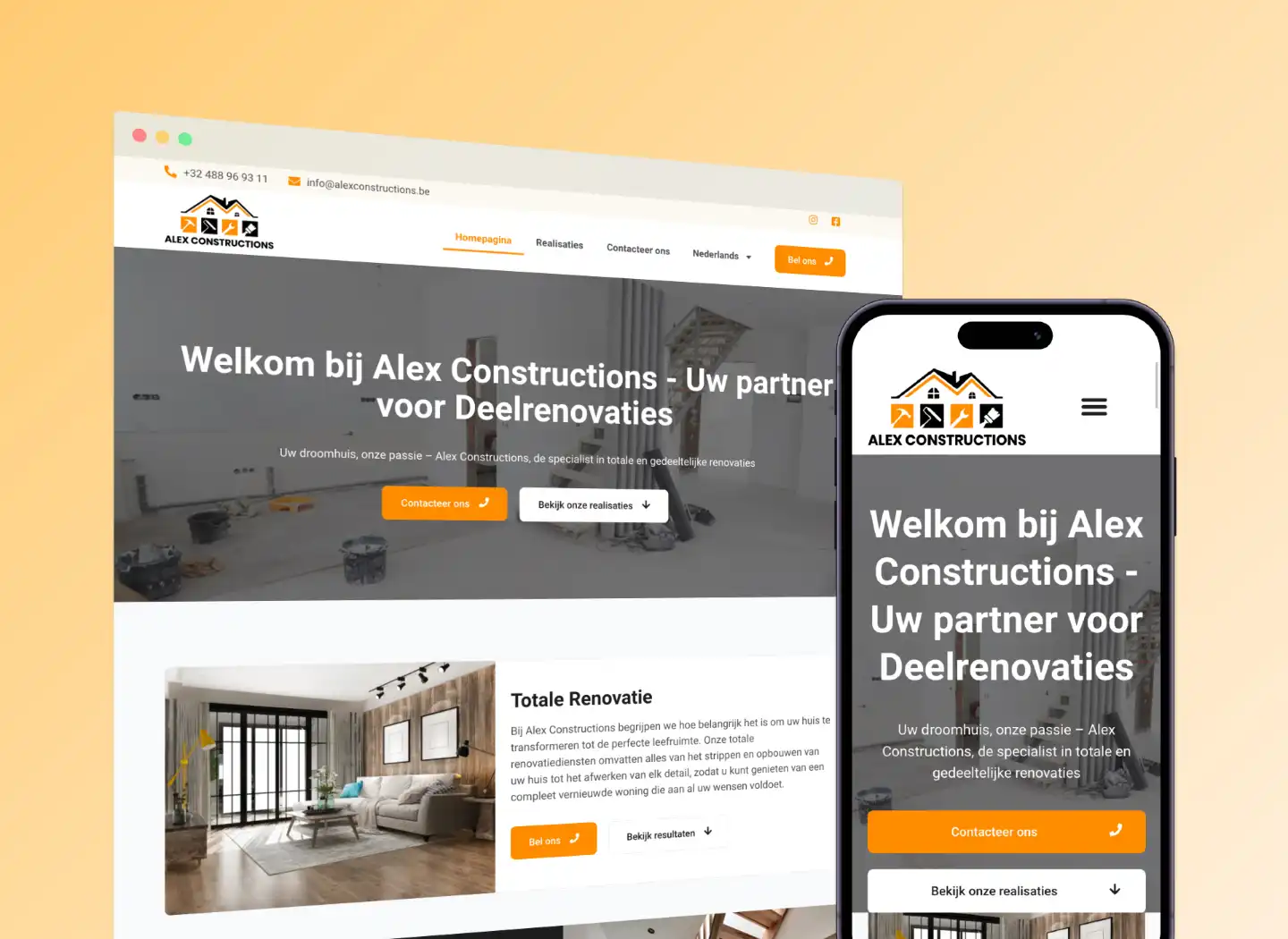 Screenshot van Desktop en Mobiele versie van AlexConstructions.be - een renovatiebedrijfswebsite