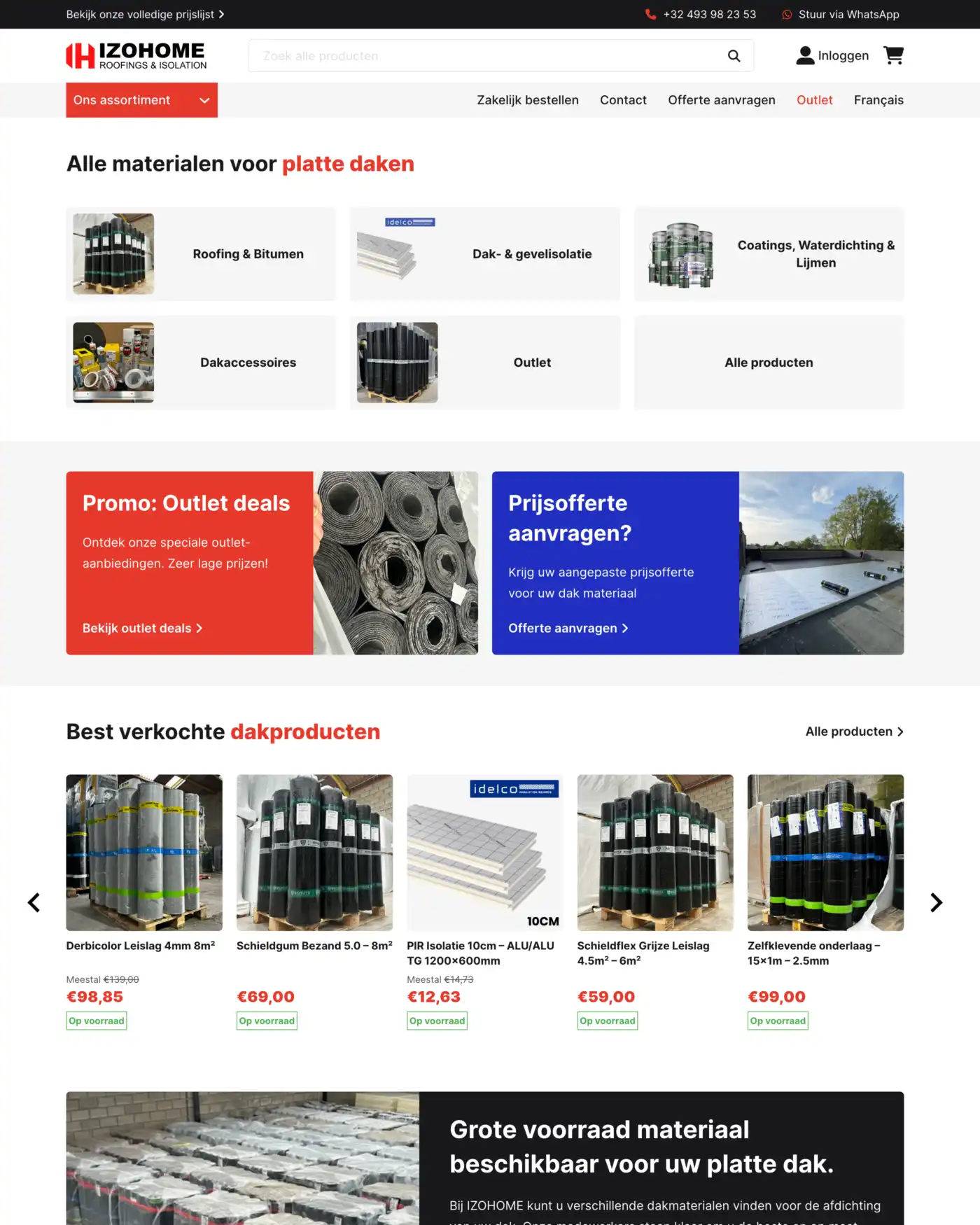 Desktop screenshot van izohome, een roofing website