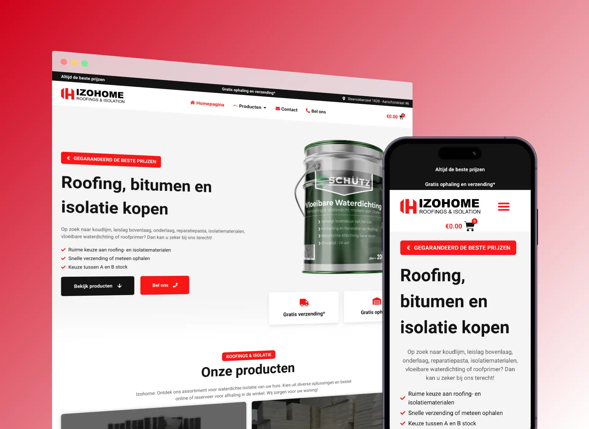 Screenshot van de desktop en mobiele versie van Izohome.be - een roofing en isolatie bedrijf in Steenokkerzeel