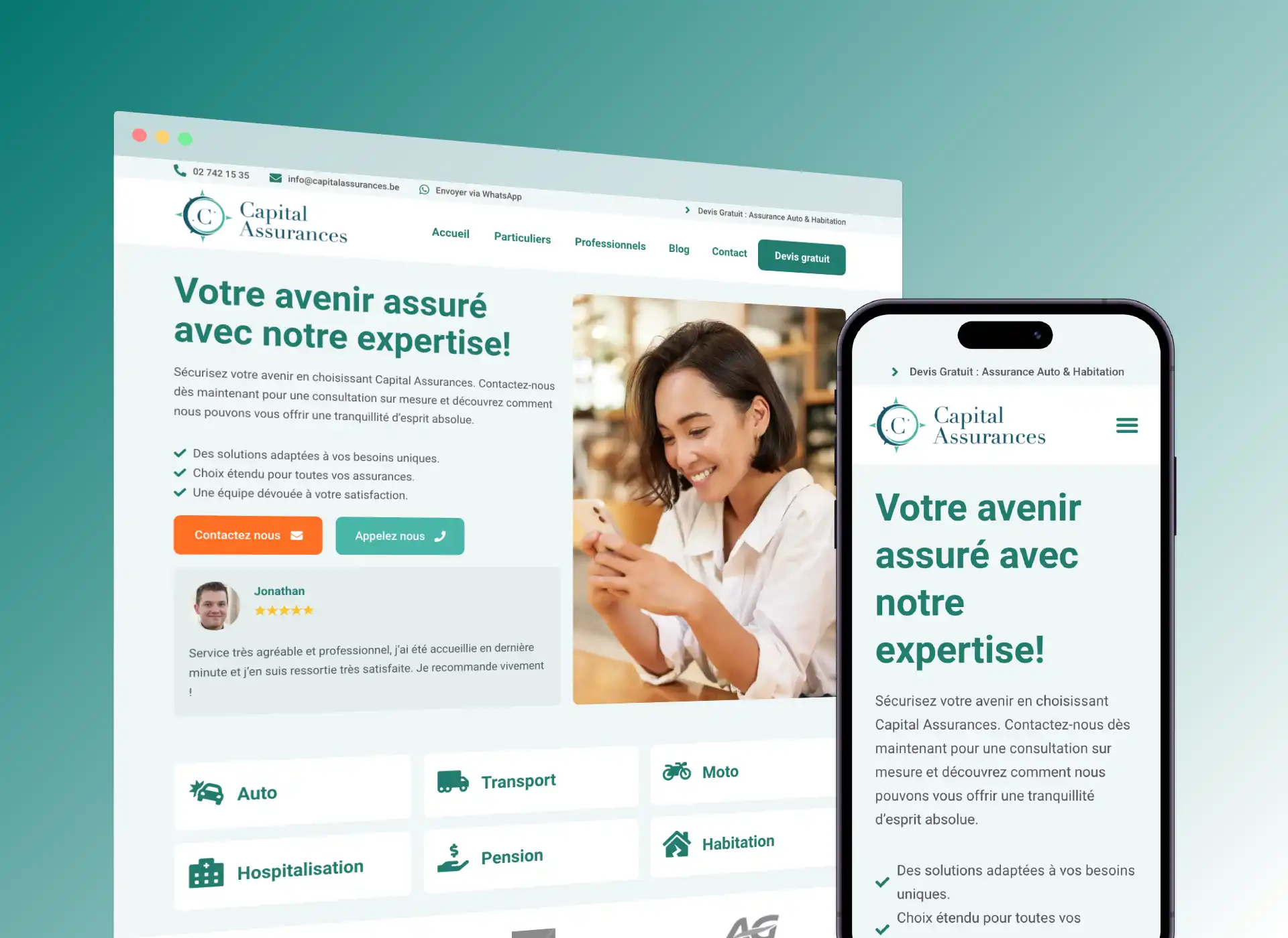 Capture d'écran de la version desktop et mobile du site web de CapitalAssurances.be - une compagnie d'assurance à Bruxelles