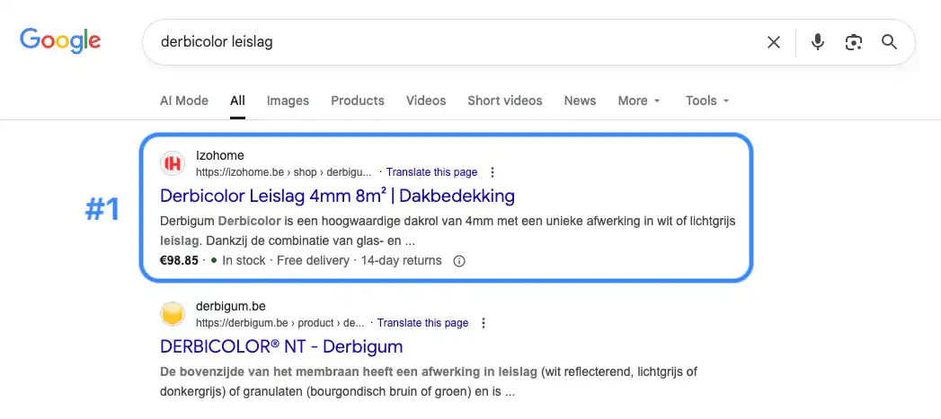 Screenshot Google-zoekresultaten: Izohome op #1 voor “derbicolor leislag” dankzij SEO-optimalisatie.